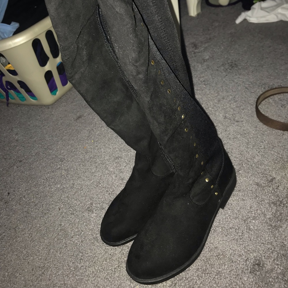 Knee high black suede boots